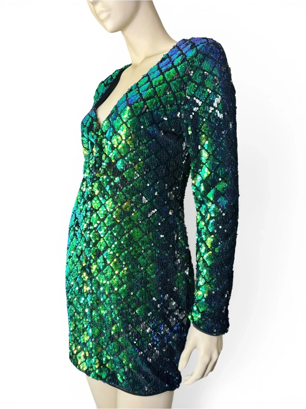 Sequin Mermaid Green-Blue V-Neck Mini Dress